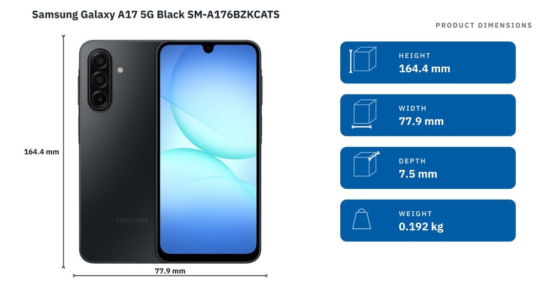 Samsung Galaxy A17 5G Black SM-A176BZKCATS — product dimensions