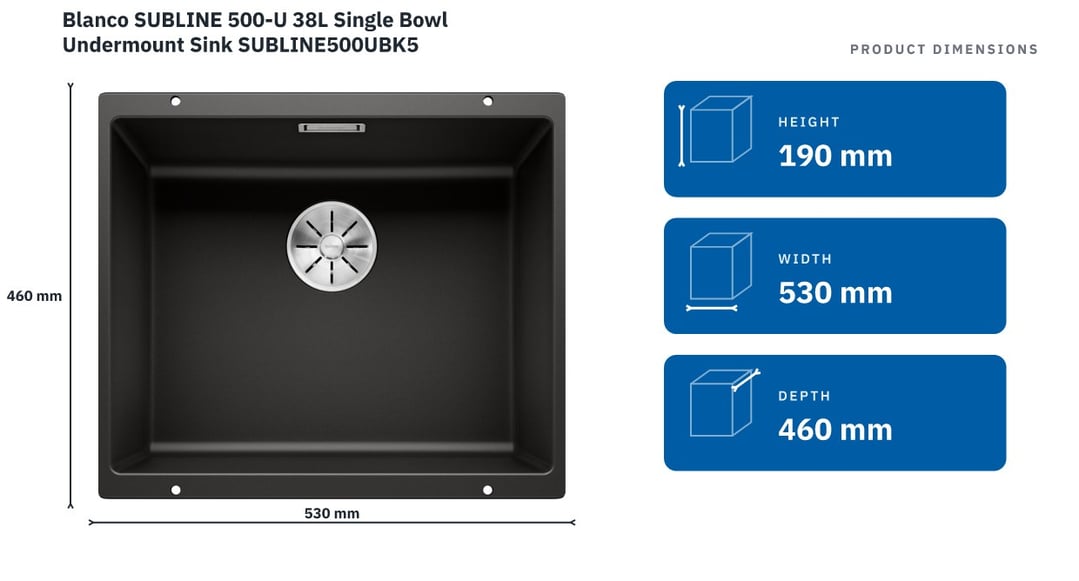 Blanco SUBLINE 500-U 38L Single Bowl Undermount Sink SUBLINE500UBK5 — product dimensions