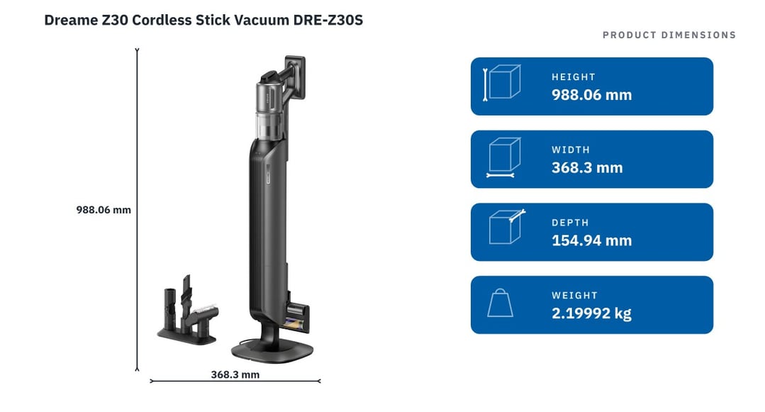 Dreame Z30 Cordless Stick Vacuum DRE-Z30S — product dimensions