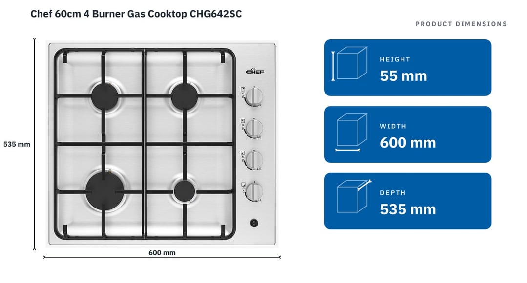 Chef 60cm 4 Burner Gas Cooktop CHG642SC — product dimensions