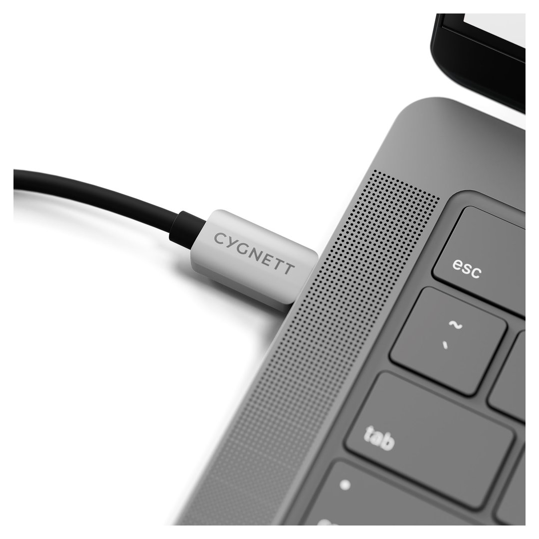 Cygnett USB-C hub connected to a laptop, showing part of the keyboard