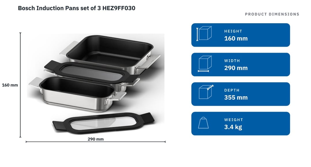 Bosch Induction Pans set of 3 HEZ9FF030 — product dimensions