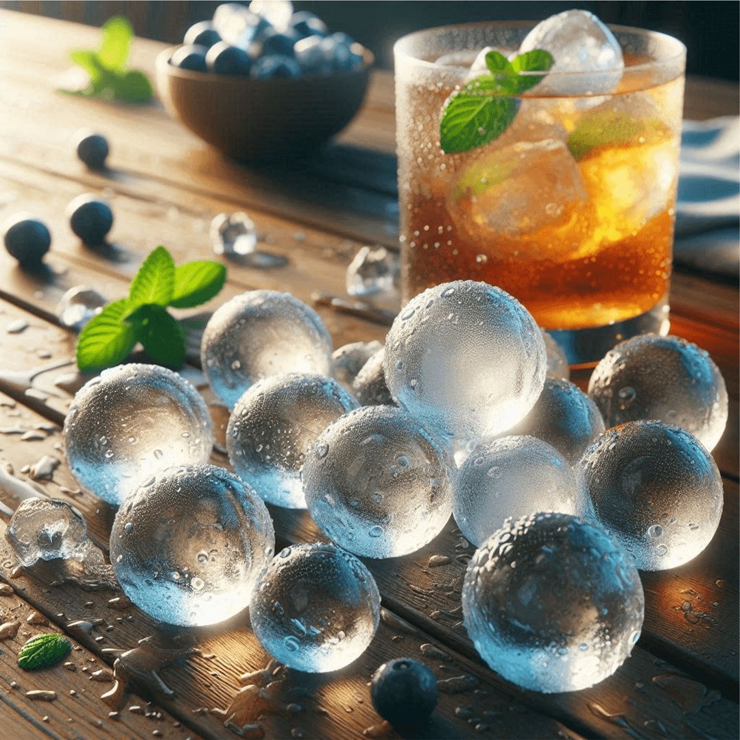 Sphere ice makers and ice spheres on a wooden table with a drink