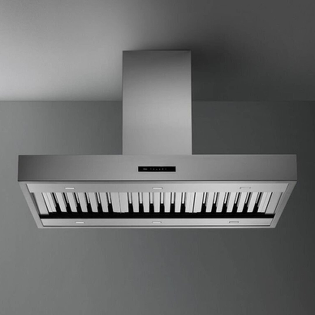 Stainless steel island rangehood with a piano key design on a grey background