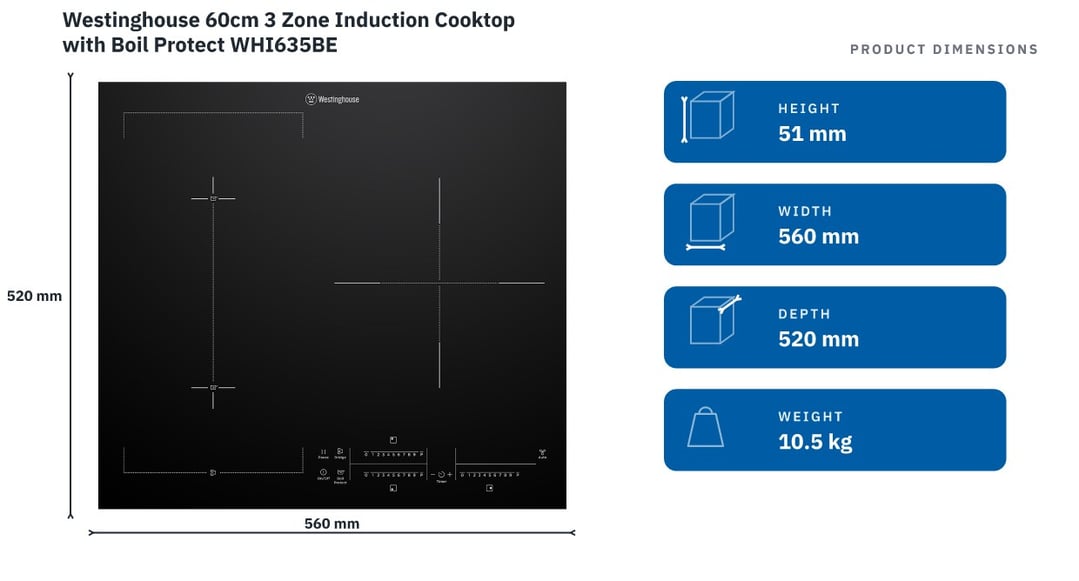 Westinghouse 60cm 3 Zone Induction Cooktop with Boil Protect WHI635BE — product dimensions