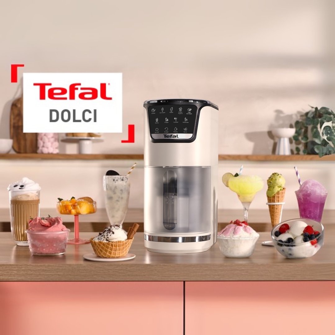 Tefal Dolci ice cream maker on a counter with various desserts and drinks