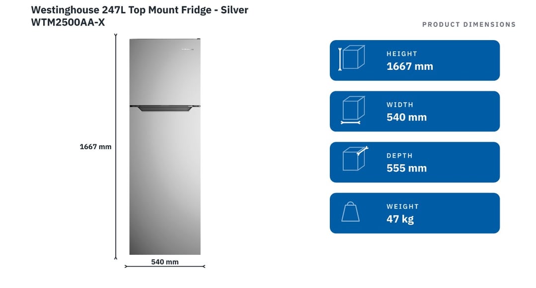 Westinghouse 247L Top Mount Fridge - Silver WTM2500AA-X