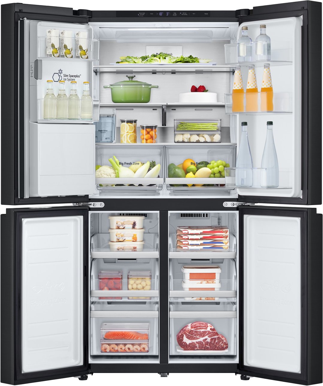 Open LG French door fridge with food and drinks on shelves and in drawers