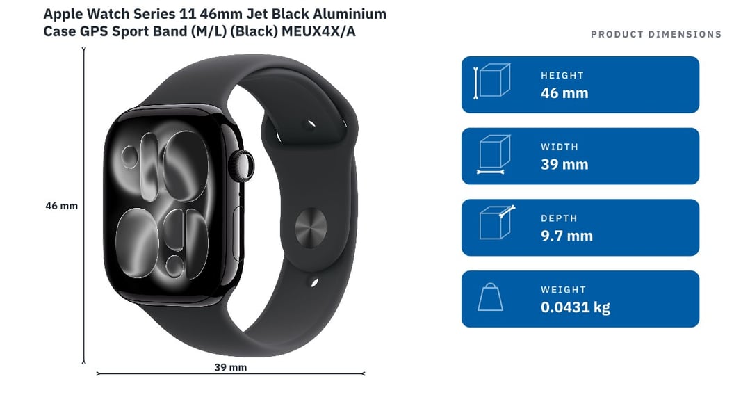 Apple Watch Series 11 46mm Jet Black Aluminium Case GPS Sport Band (M/L) (Black) MEUX4X/A