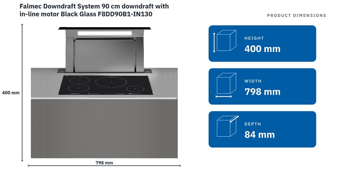 Falmec Downdraft System 90 cm downdraft with in-line motor Black Glass F8DD90B1-IN130 — product dimensions