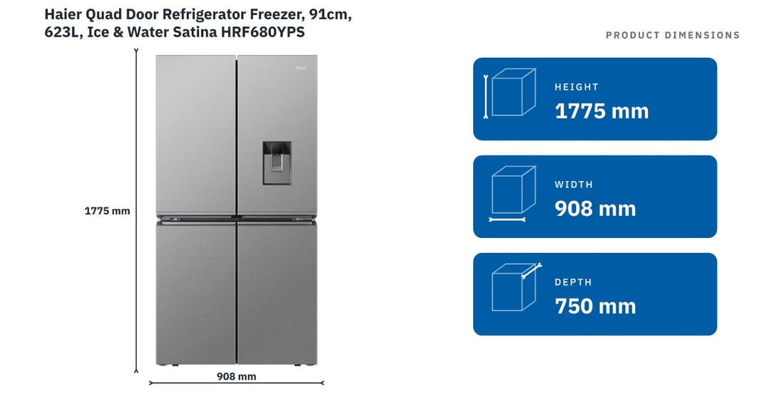Haier Quad Door Refrigerator Freezer, 91cm, 623L, Ice & Water Satina HRF680YPS