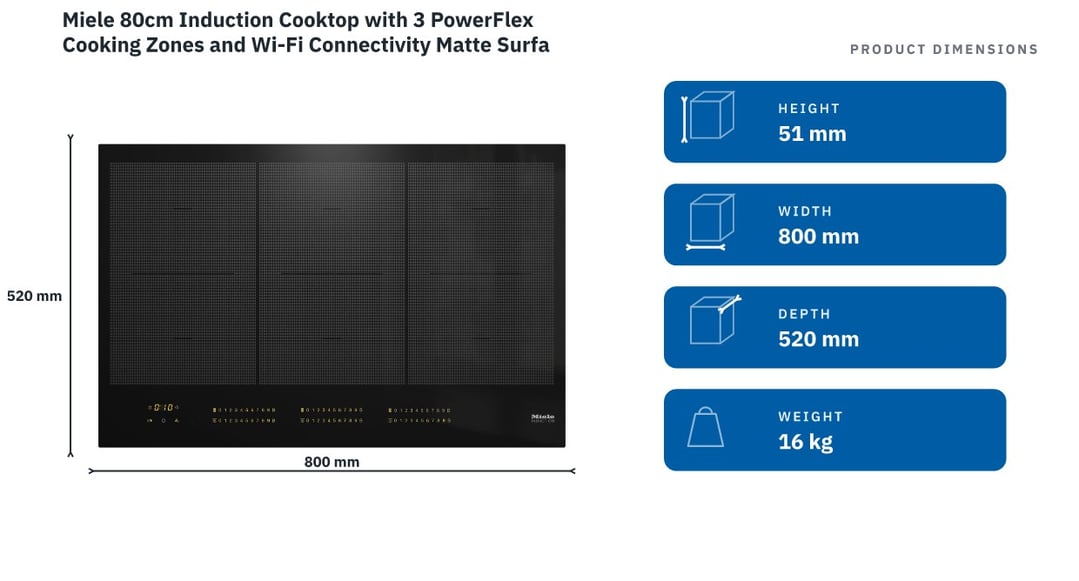 Miele 80cm Induction Cooktop with 3 PowerFlex Cooking Zones and Wi-Fi Connectivity Matte Surface Finish KM7575-2FL — product dimensions