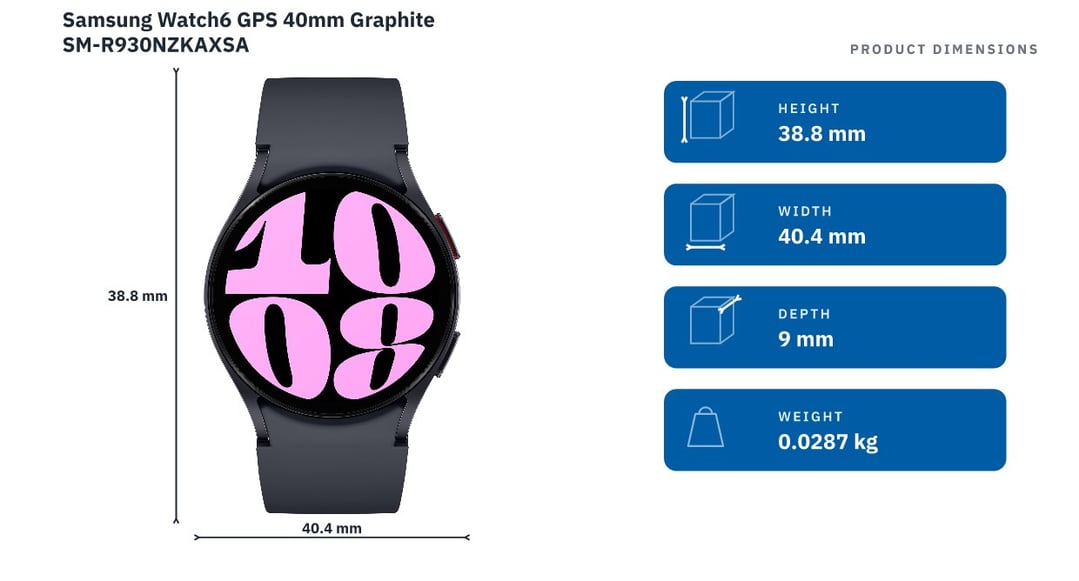 Samsung Watch6 GPS 40mm Graphite SM-R930NZKAXSA — product dimensions