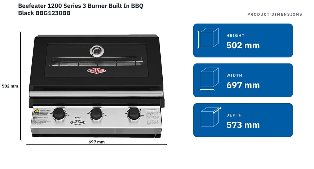 Beefeater 1200 Series 3 Burner Built In BBQ Black BBG1230BB — product dimensions