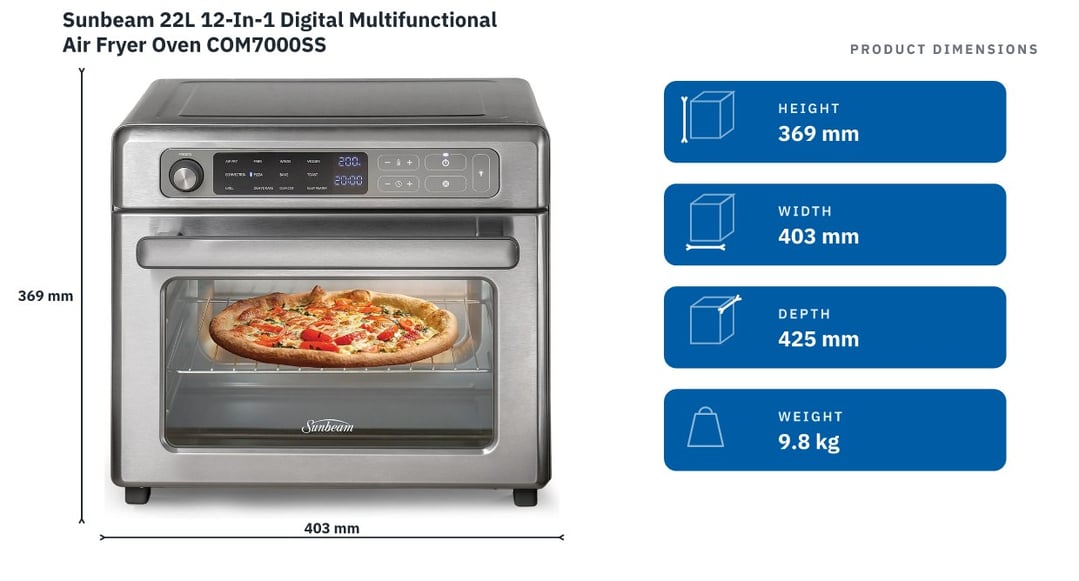 Sunbeam 22L 12-In-1 Digital Multifunctional Air Fryer Oven COM7000SS — product dimensions