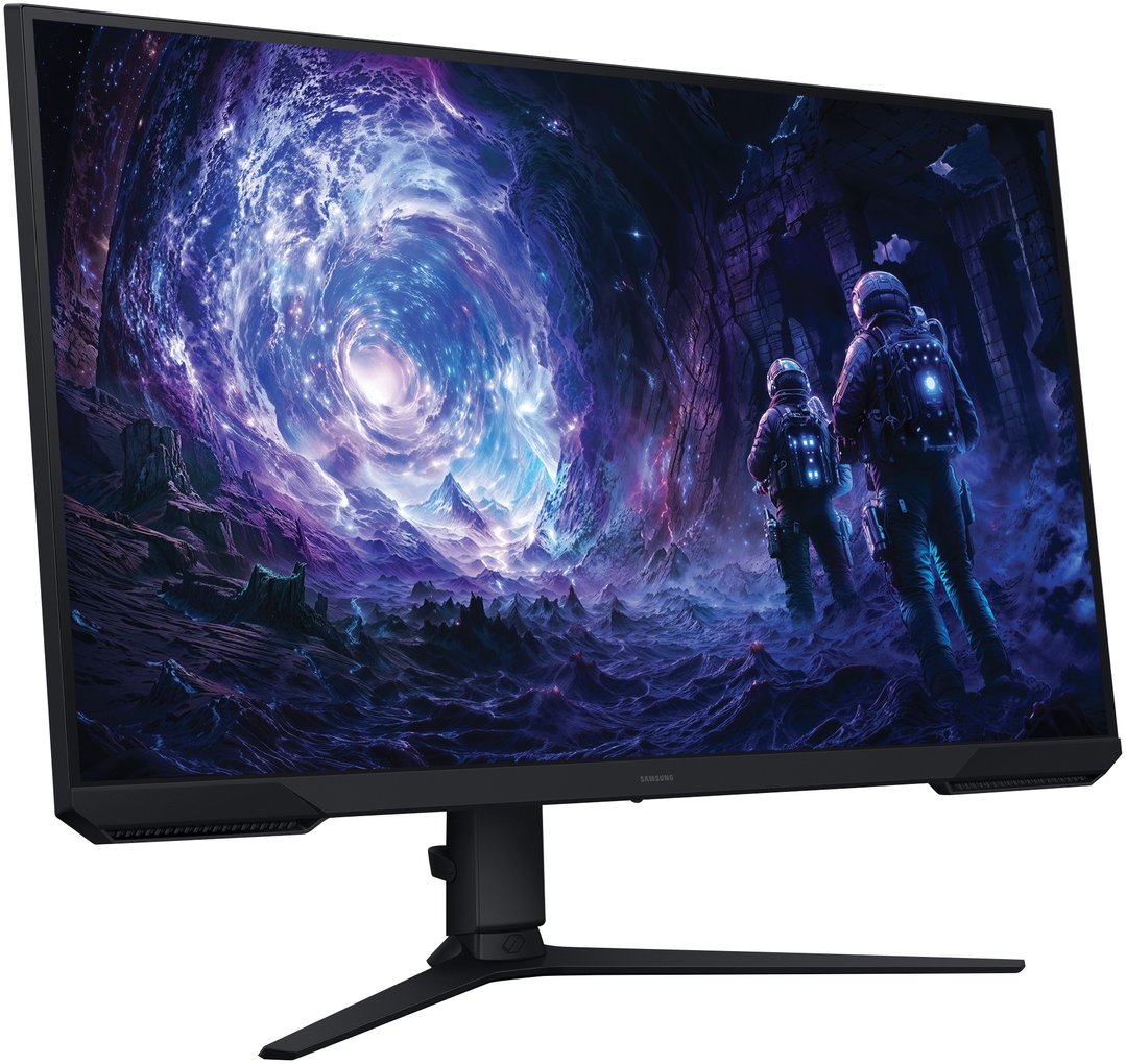 Samsung Odyssey G5 gaming monitor displaying a fantasy scene with astronauts