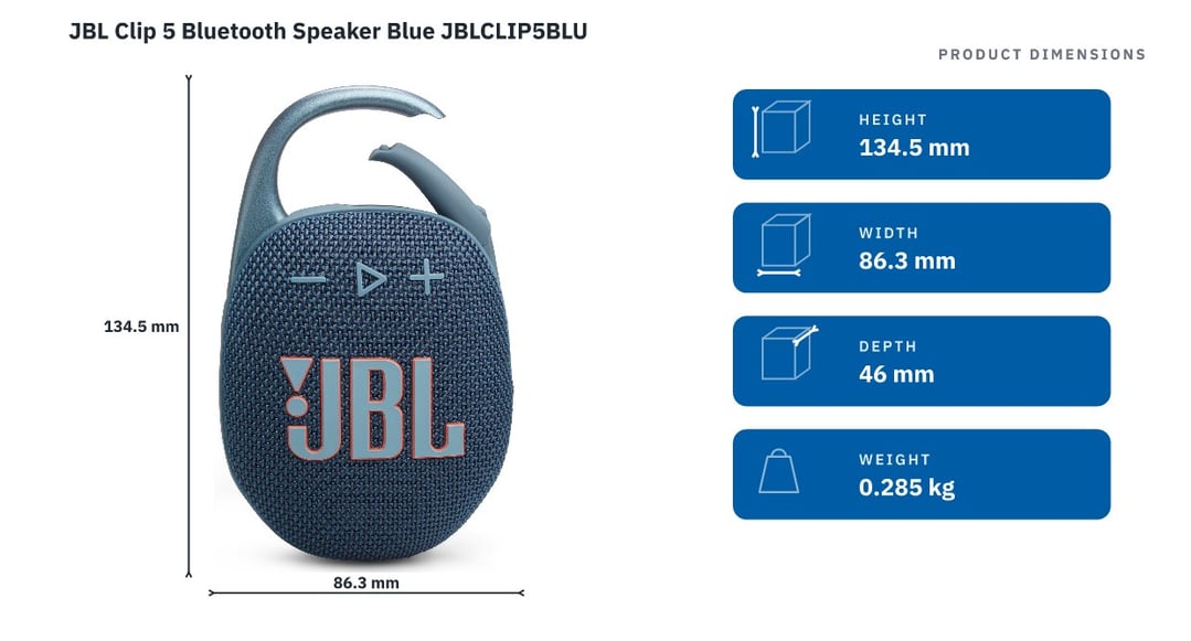 JBL Clip 5 Bluetooth Speaker Blue JBLCLIP5BLU — product dimensions