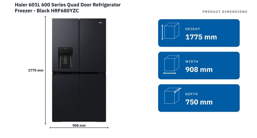 Haier 601L 600 Series Quad Door Refrigerator Freezer - Black HRF680YZC