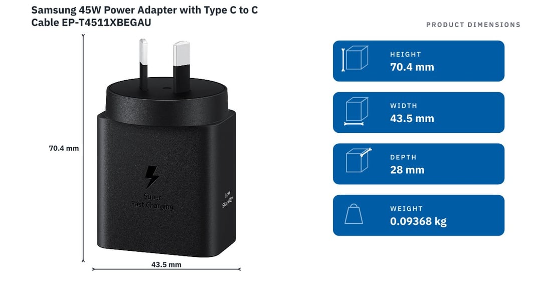 Samsung 45W Power Adapter with Type C to C Cable EP-T4511XBEGAU