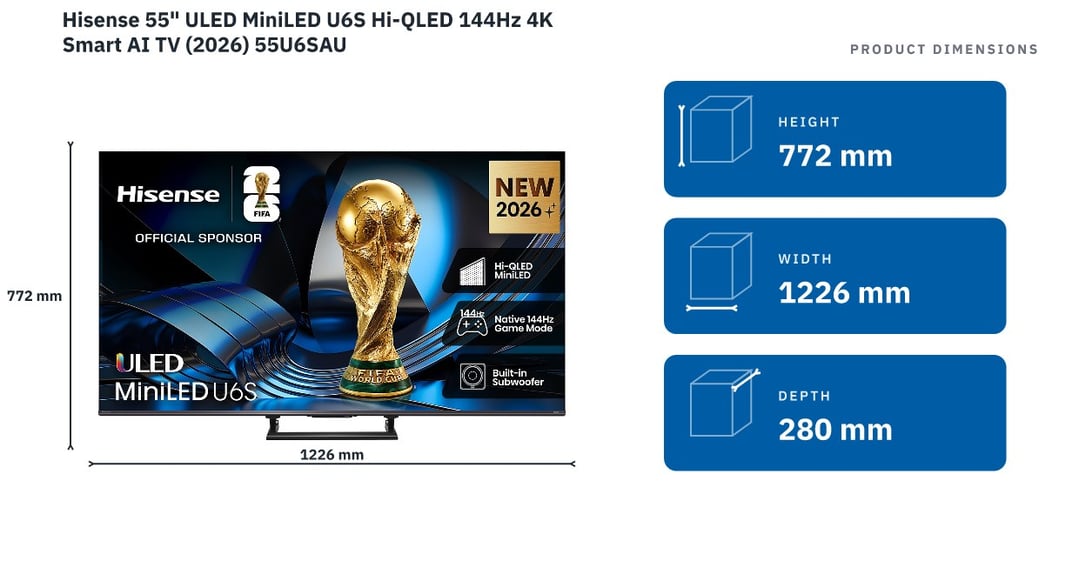 Hisense 55" ULED MiniLED U6S Hi-QLED 144Hz 4K Smart AI TV (2026) 55U6SAU