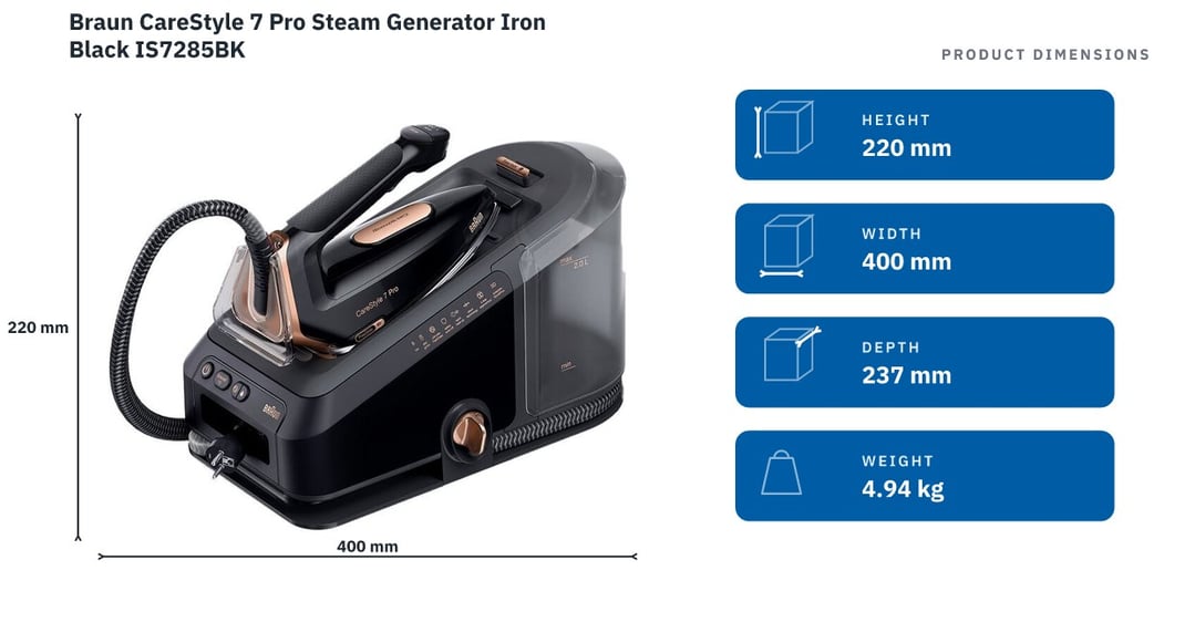 Braun CareStyle 7 Pro Steam Generator Iron Black IS7285BK — product dimensions