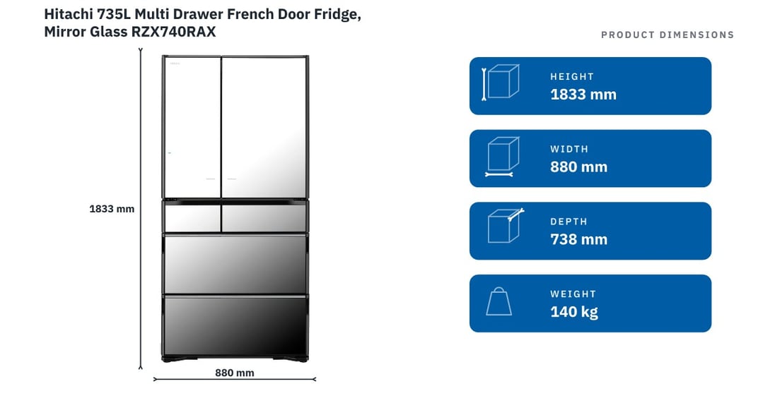 Hitachi 735L Multi Drawer French Door Fridge, Mirror Glass RZX740RAX — product dimensions
