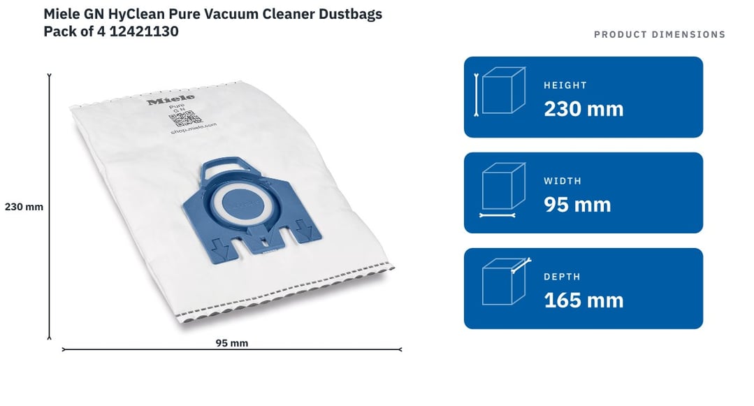 Miele GN HyClean Pure Vacuum Cleaner Dustbags Pack of 4 12421130 — product dimensions