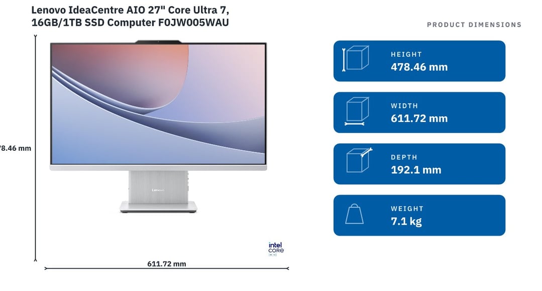 Lenovo IdeaCentre AIO 27" Core Ultra 7, 16GB/1TB SSD Computer F0JW005WAU — product dimensions