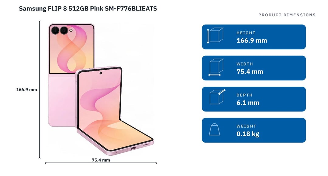 Samsung FLIP 8 512GB Pink SM-F776BLIEATS — product dimensions
