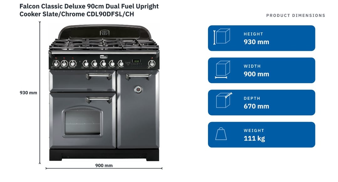 Falcon Classic Deluxe 90cm Dual Fuel Upright Cooker Slate/Chrome CDL90DFSL/CH — product dimensions