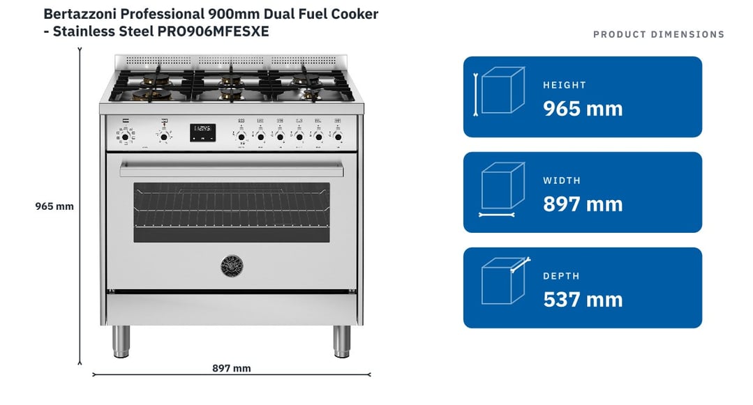 Bertazzoni Professional 900mm Dual Fuel Cooker - Stainless Steel PRO906MFESXE