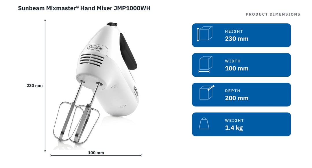Sunbeam Mixmaster® Hand Mixer JMP1000WH — product dimensions