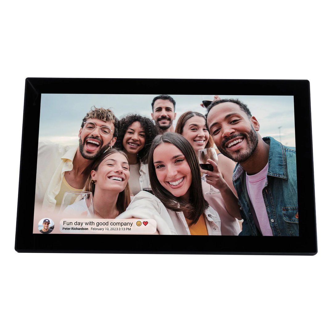 Digital photo frame displaying a group selfie with a caption