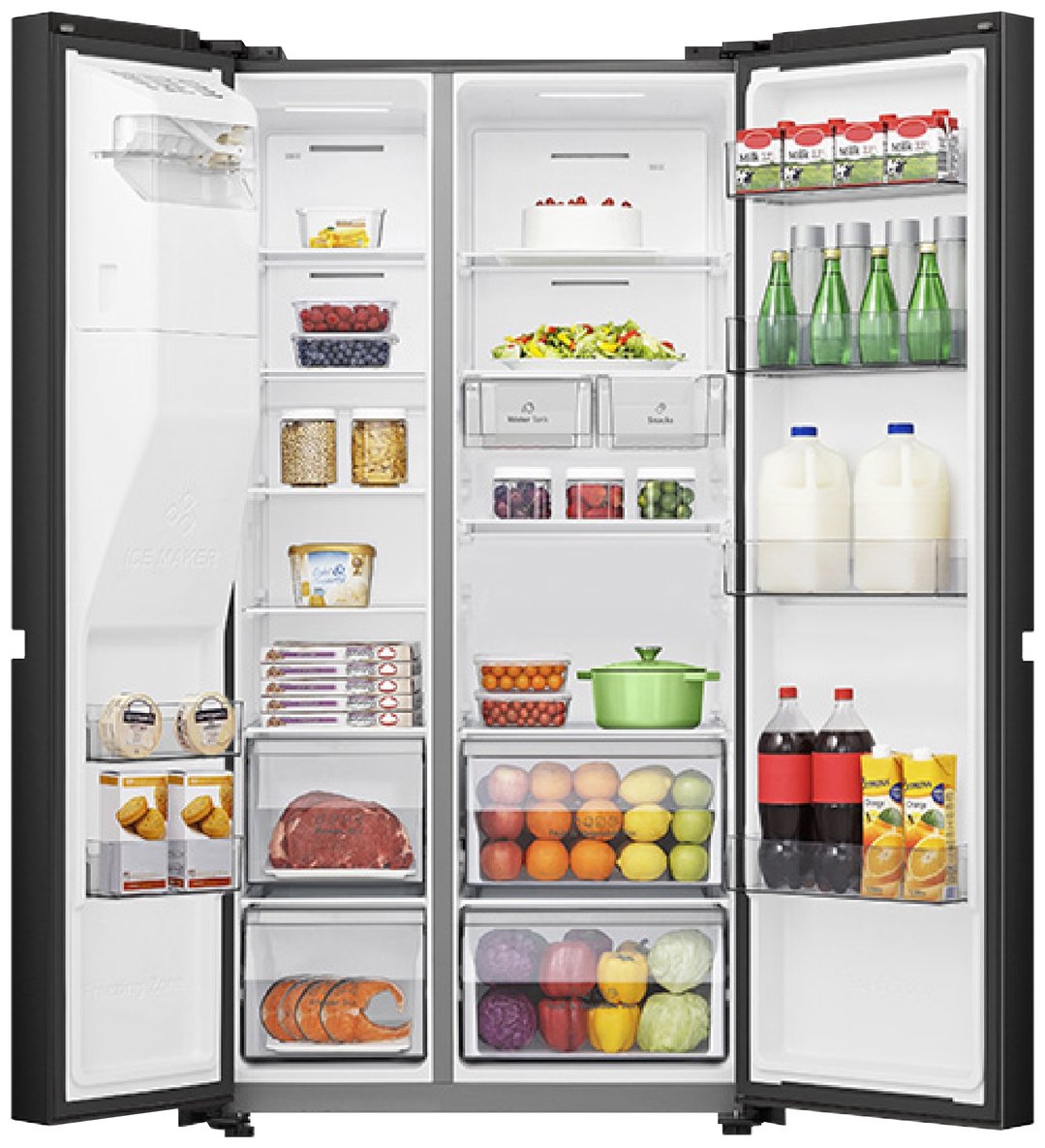Open Hisense 632L side by side fridge filled with food and drinks