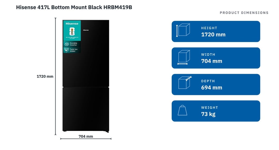 Hisense 417L Bottom Mount Black HRBM419B — product dimensions