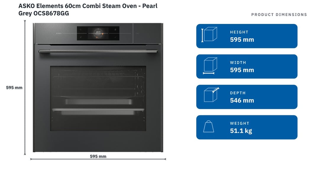ASKO Elements 60cm Combi Steam Oven - Pearl Grey OCS8678GG — product dimensions