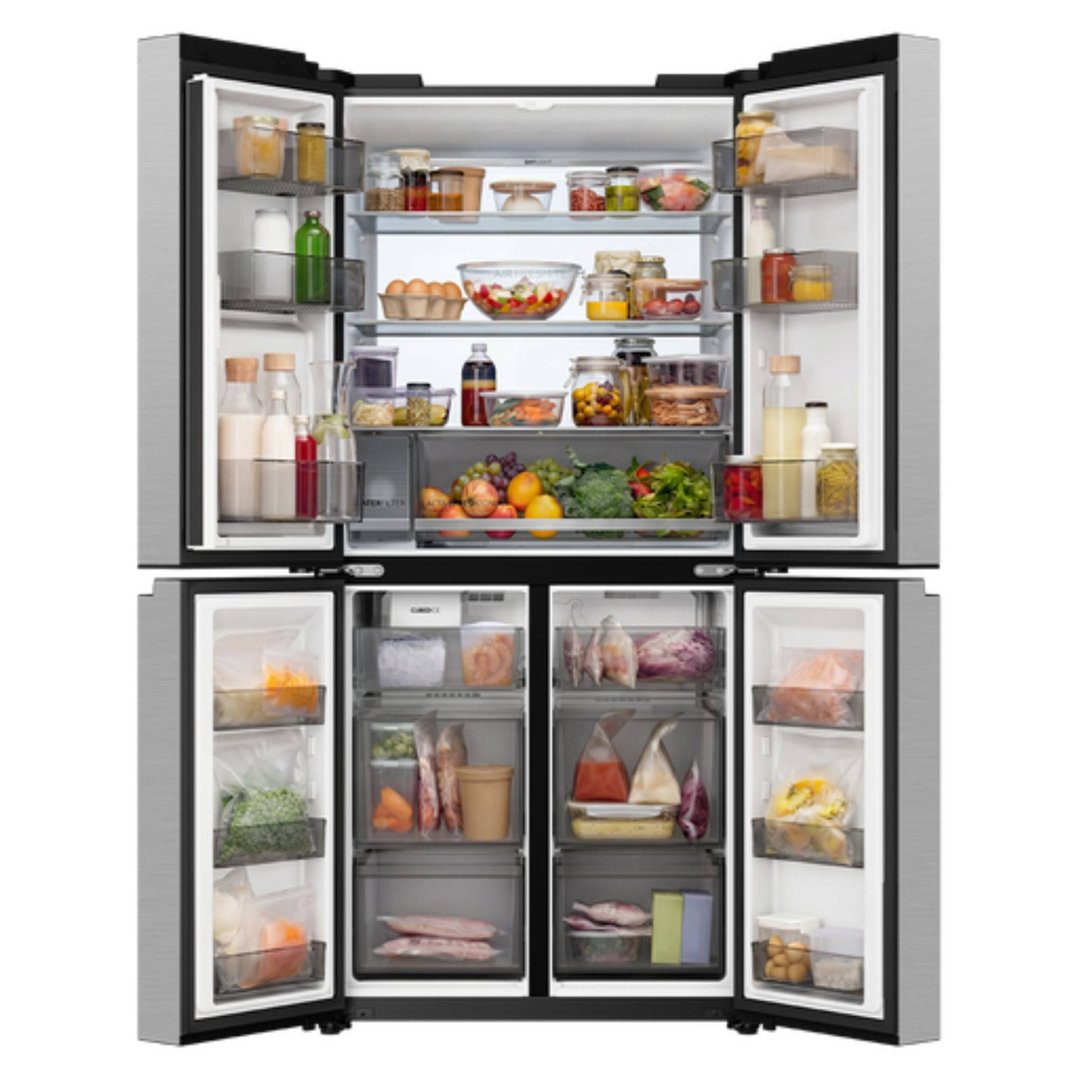 Open silver Haier quad door refrigerator freezer filled with food items