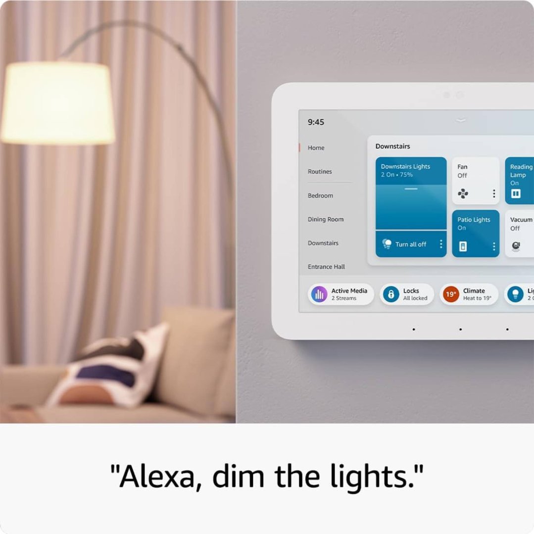 Echo Hub smart home control panel mounted on a wall in a living room