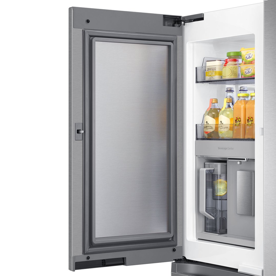 Open French door fridge showing beverages and butter in the Beverage Center