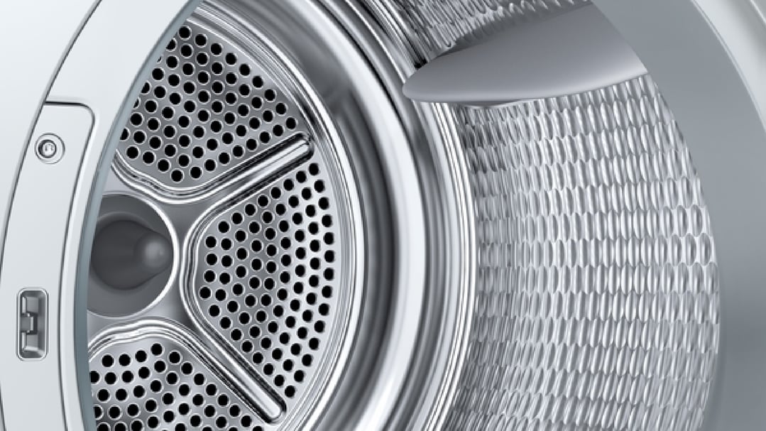 Close-up of the interior drum of a heat pump dryer