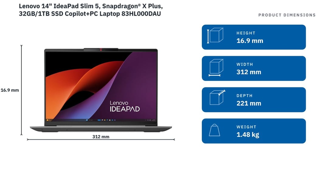 Lenovo 14" IdeaPad Slim 5, Snapdragon® X Plus, 32GB/1TB SSD Copilot+PC Laptop 83HL000DAU — product dimensions
