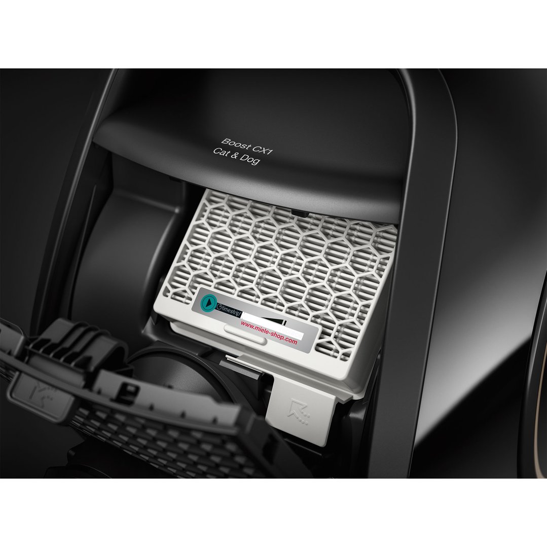 Close up of the Miele Boost CX1 vacuum cleaner's filter compartment