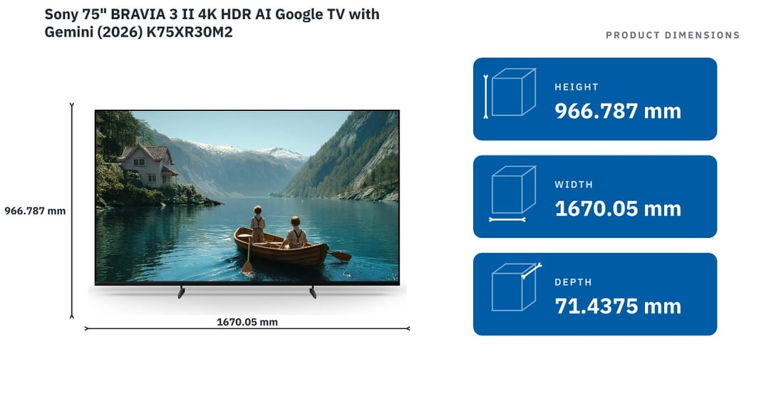 Sony 75" BRAVIA 3 II 4K HDR AI Google TV with Gemini (2026) K75XR30M2 — product dimensions