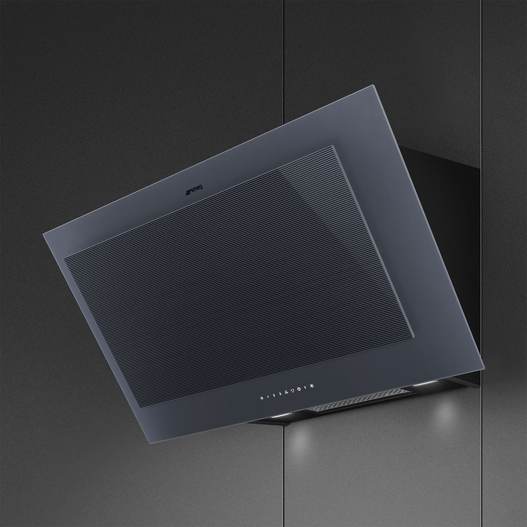 A dark grey Smeg rangehood with control panel and lights in a modern kitchen