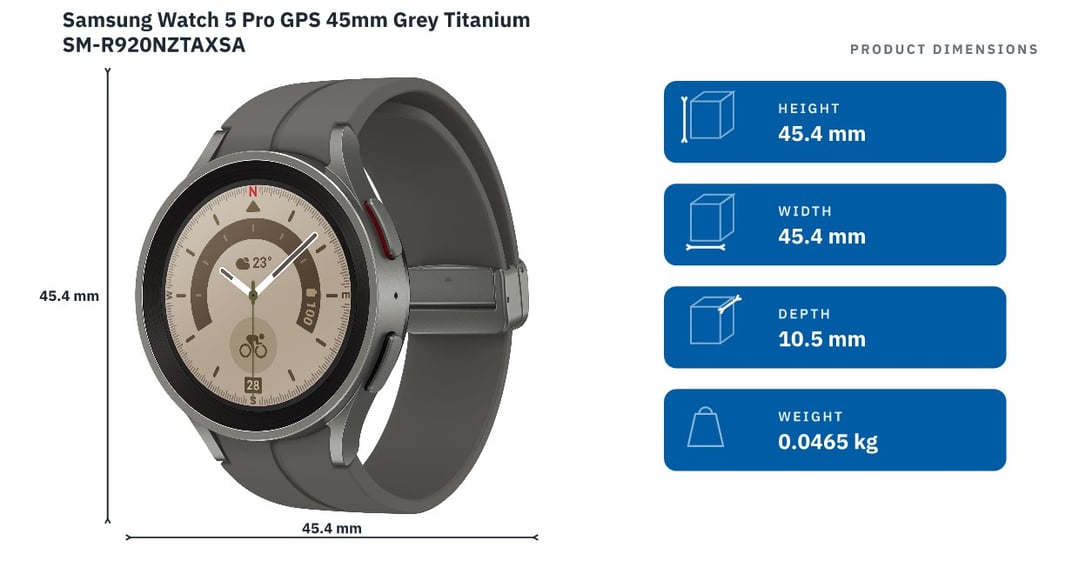Samsung Watch 5 Pro GPS 45mm Grey Titanium SM-R920NZTAXSA — product dimensions