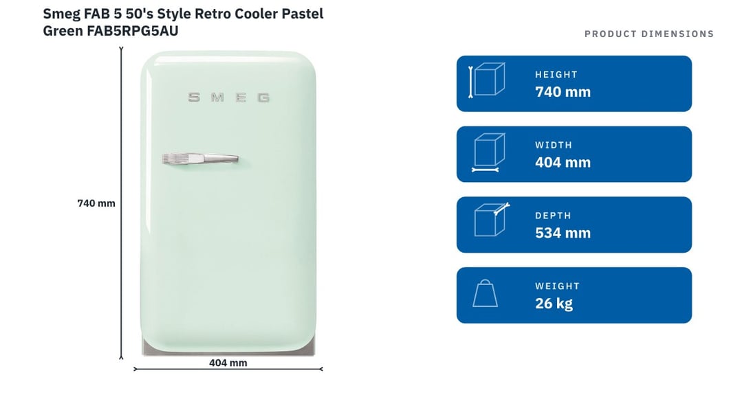 Smeg FAB 5 50's Style Retro Cooler Pastel Green FAB5RPG5AU — product dimensions