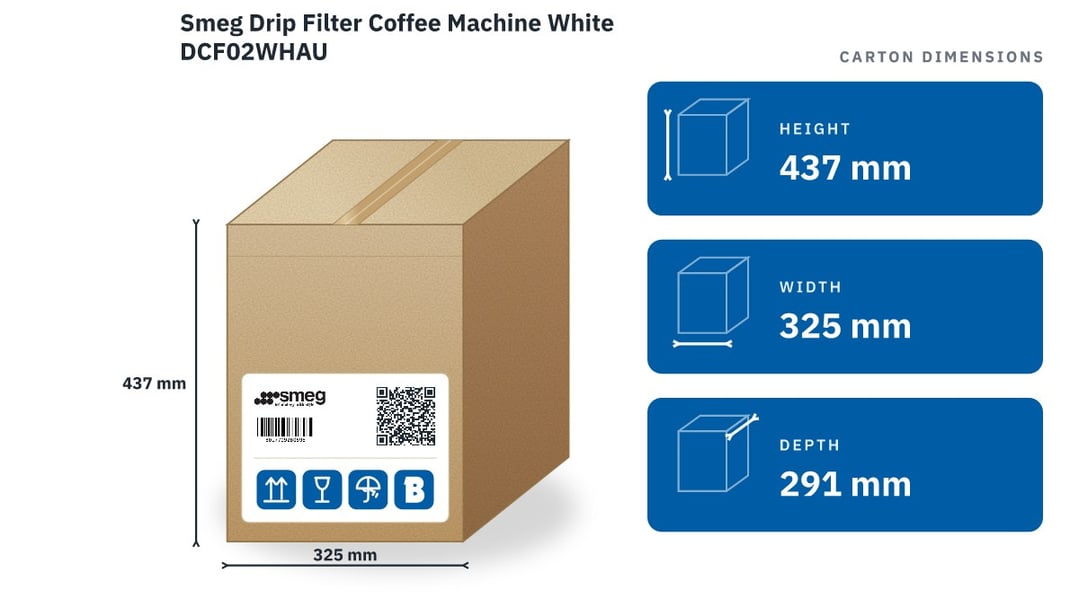 Smeg Drip Filter Coffee Machine White DCF02WHAU — packaged dimensions