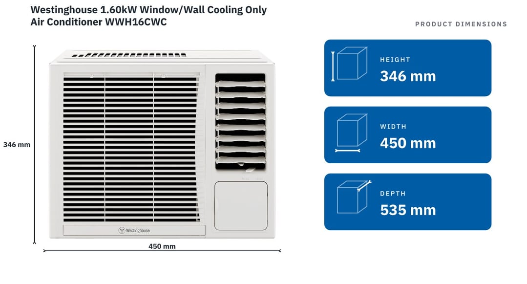 Westinghouse 1.60kW Window/Wall Cooling Only Air Conditioner WWH16CWC — product dimensions