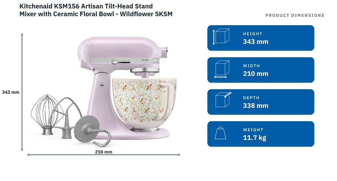 Kitchenaid KSM156 Artisan Tilt-Head Stand Mixer with Ceramic Floral Bowl - Wildflower 5KSM156CXAWF — product dimensions
