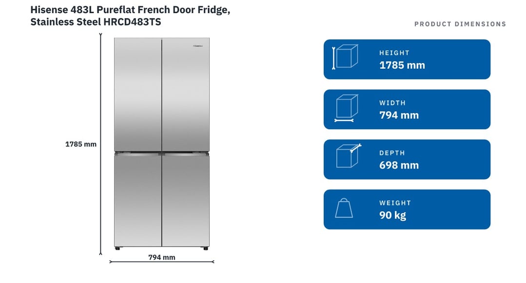 Hisense 483L Pureflat French Door Fridge, Stainless Steel HRCD483TS
